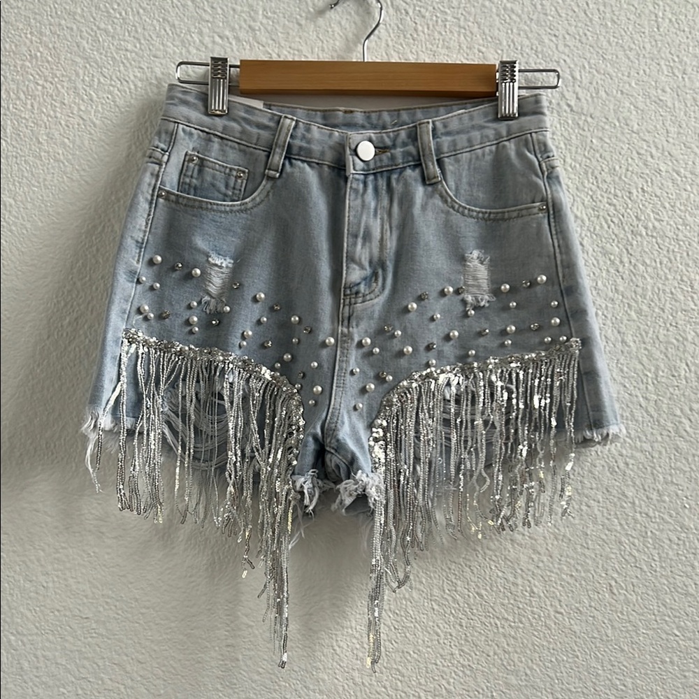 Rhinestone, Pearl,  Sequin Fringe Denim Shorts - Stagecoach or Coachella Piece